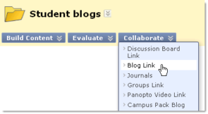 The dropdown tool menu in a Content Area in NILE, showing the different blog tool options
