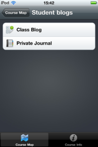screenshot of the blog and journal tools, viewed in the app on an iPod Touch