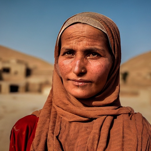 AI image generation: A traditional Afghanistan woman with a traditional rural village in the background.