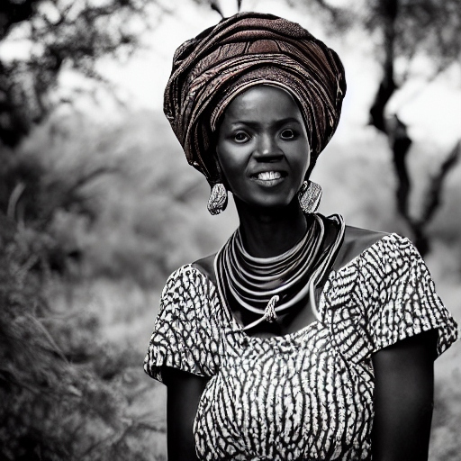 AI image generation: A black and white image showing a lady based on someone from Kenya, wearing a head-dress and jewelry. 