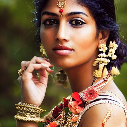 AI image generation: A woman of Indian appearance wearing gold jewelry and flowers. 