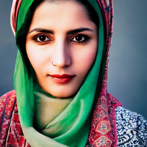 AI image generation: A middle-eastern lady wearing a red and green head covering.