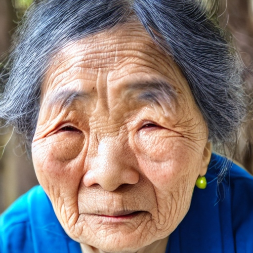 AI image generation: An elderly lady with a Japanese appearance, showing the detail of the lines on her face.