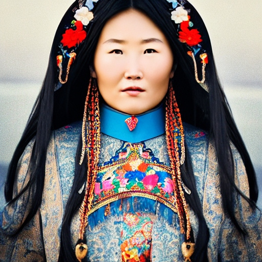 AI image generation: A lady wearing (what I assume) is the traditional textiles and head wear worn in Mongolia.