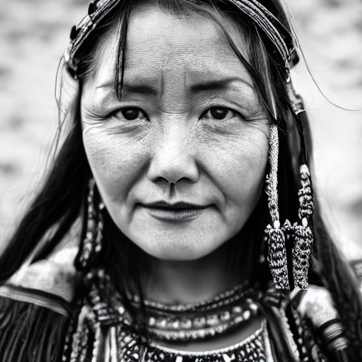 AI image generation: A black and white image of tribal woman wearing traditional clothes.