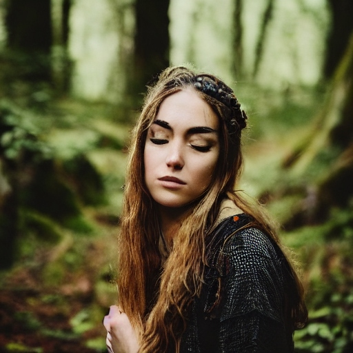 AI image generation: A woman in a forest, with long hair representing Irish or Celtic origins.