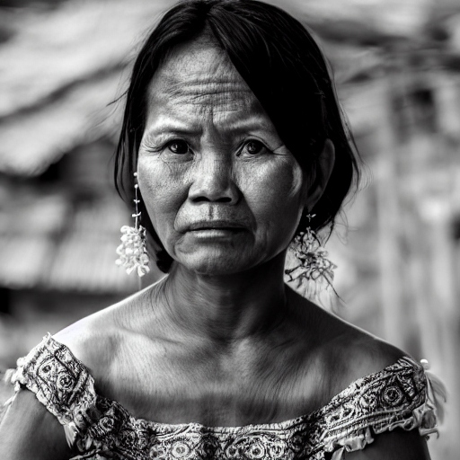 AI image generation: Black and white image showing an older lady from the Filipins.