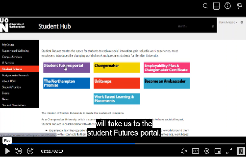 A screenshot of the video tutorial on how to use the Student Futures portal IT system.