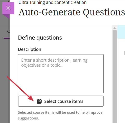 An image to show the option to select course items when generating test questions