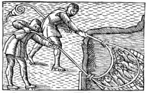 Fishermen pulling up a net-load of hibernating swallows from a lake in 1555